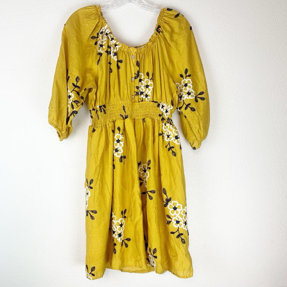 Yellow Floral Smocked Waist Women's Dress